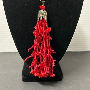 Handcrafted Tassel Necklace Red Seed Bead Authentic Coral Chips Boho Toggle